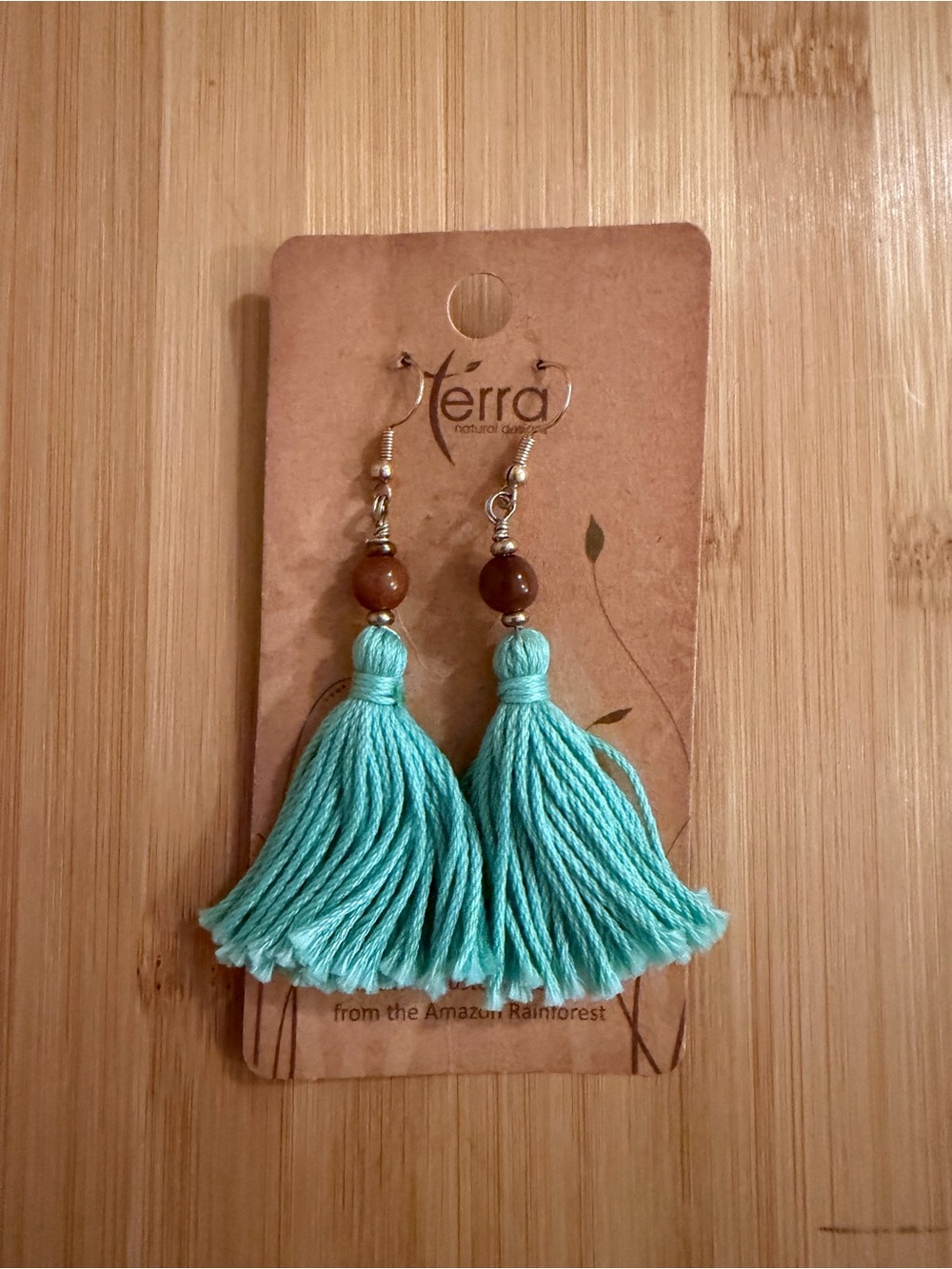 NWT Terra Natural Designs Rainforest Turquoise Tassel Dangle Pierced Earring